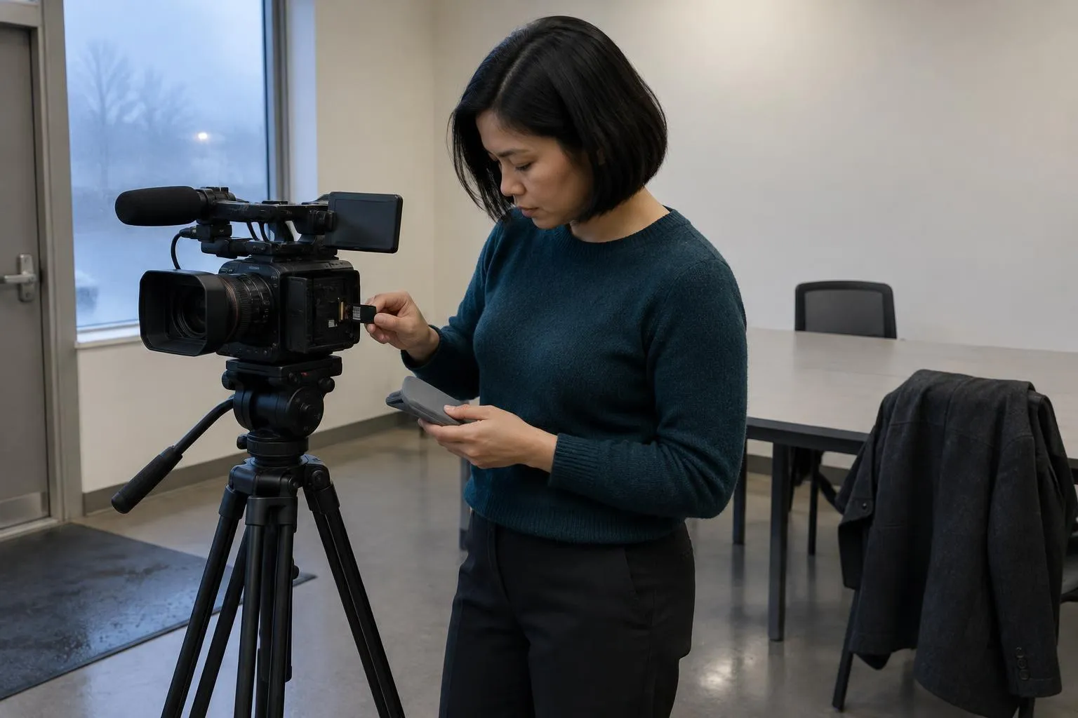 A videographer in a teal sweater pulls a memory card from her tripod camera in a plain deposition room at dusk.