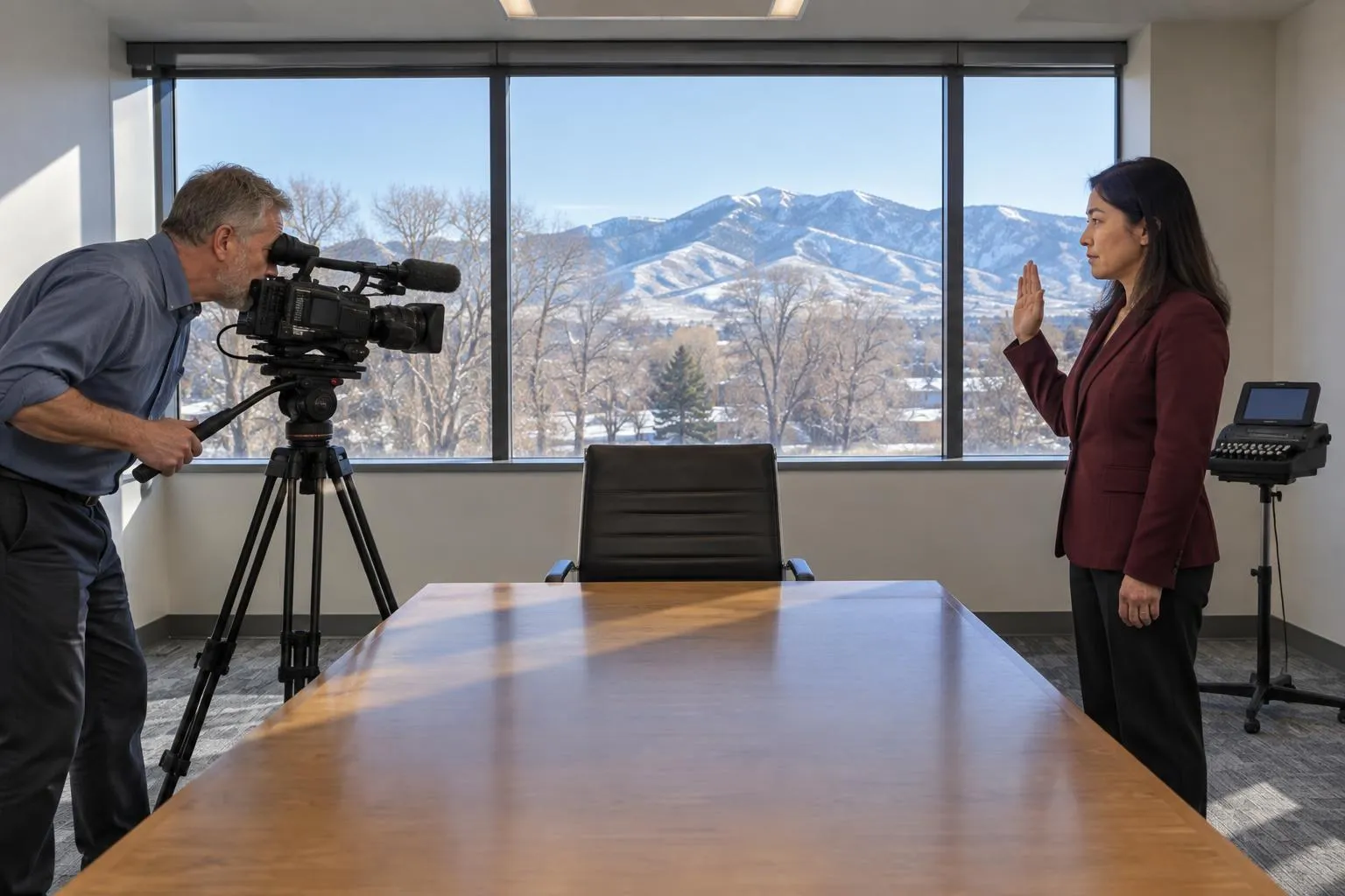 A videographer checks his camera's framing while a court reporter raises her hand at the oath position beside an empty witness chair.
