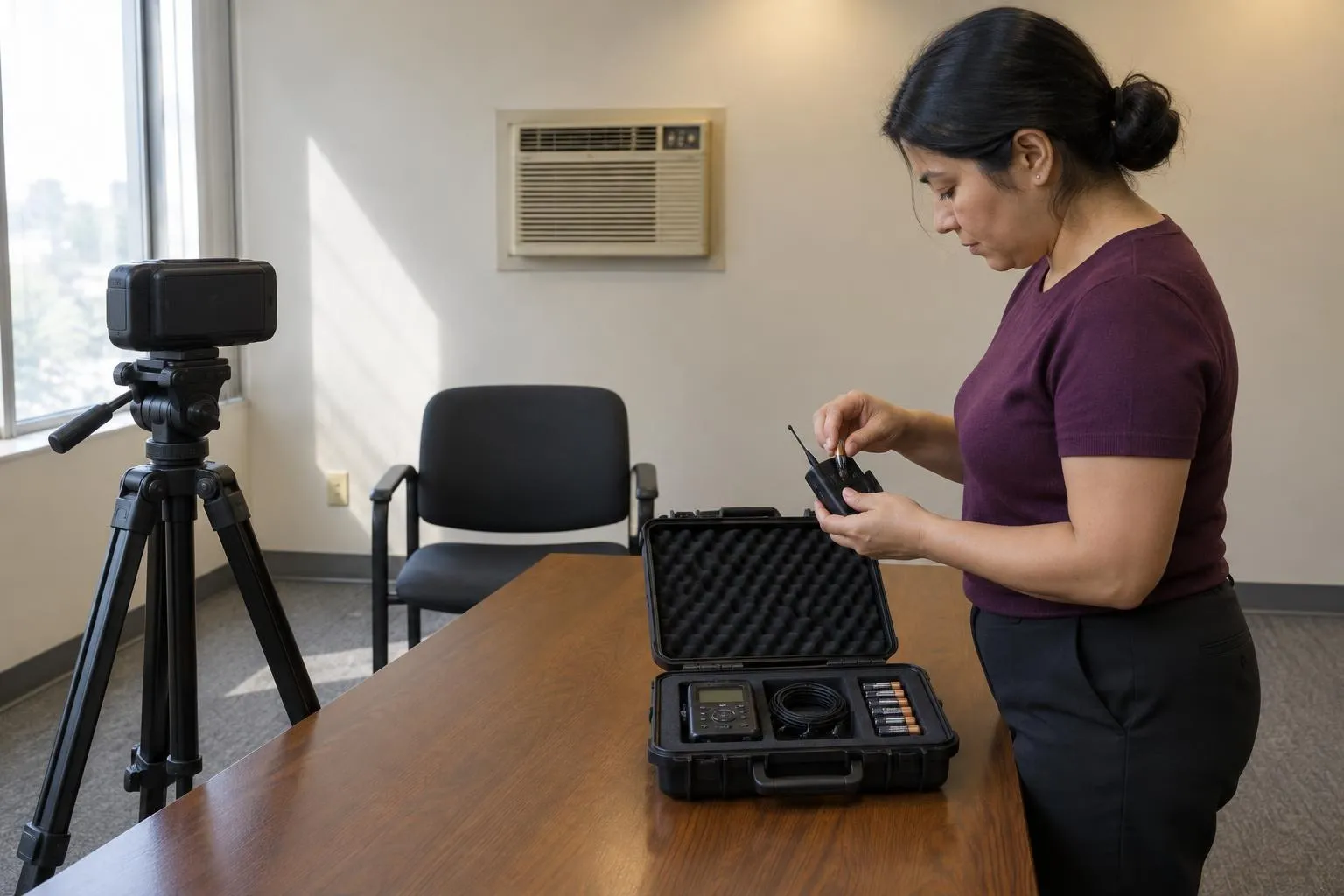 A videographer loads a battery into a wireless microphone transmitter beside an open case of spare batteries and a backup recorder.
