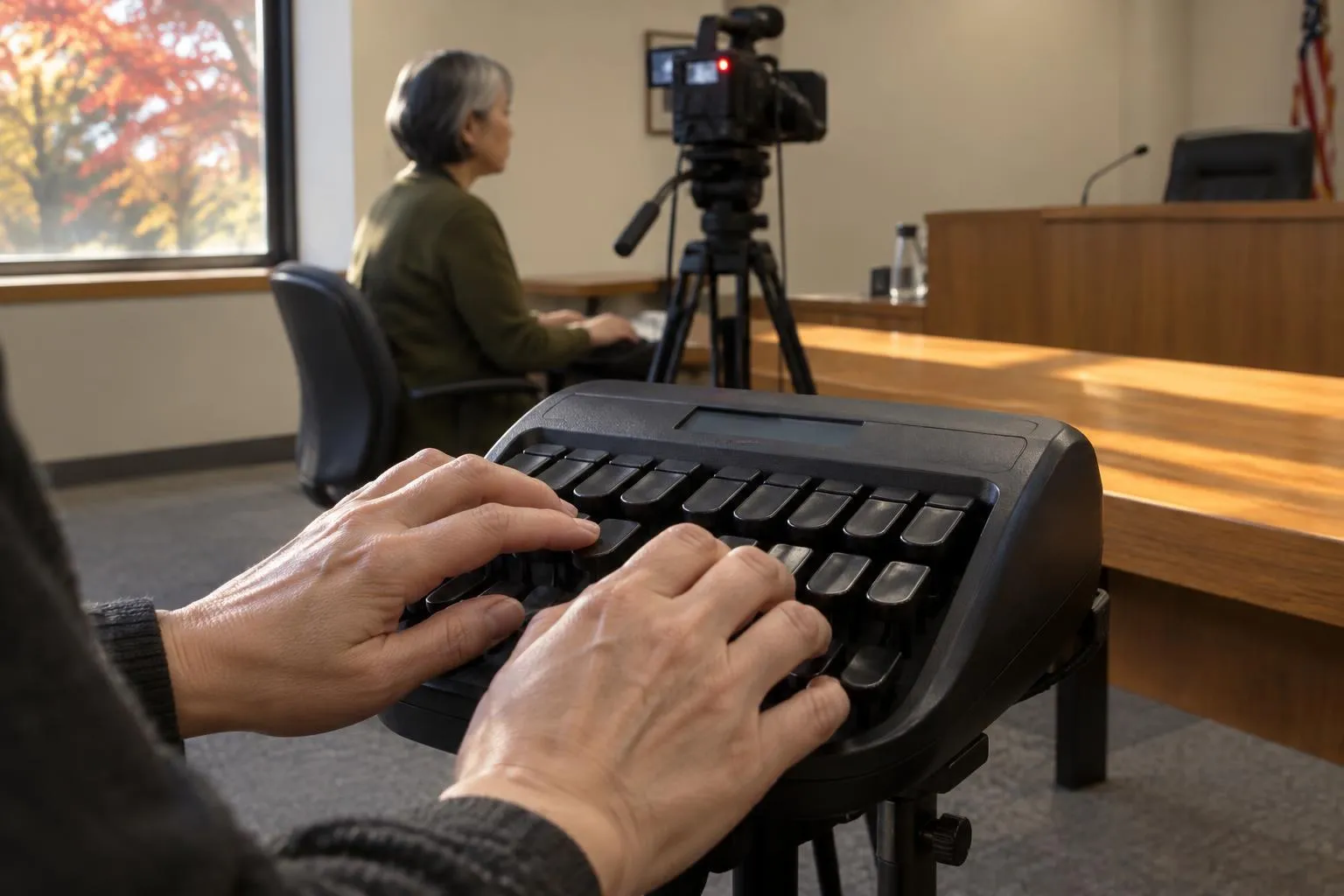 A court reporter's hands rest over a worn stenotype keyboard while a video camera's red light glows behind her.