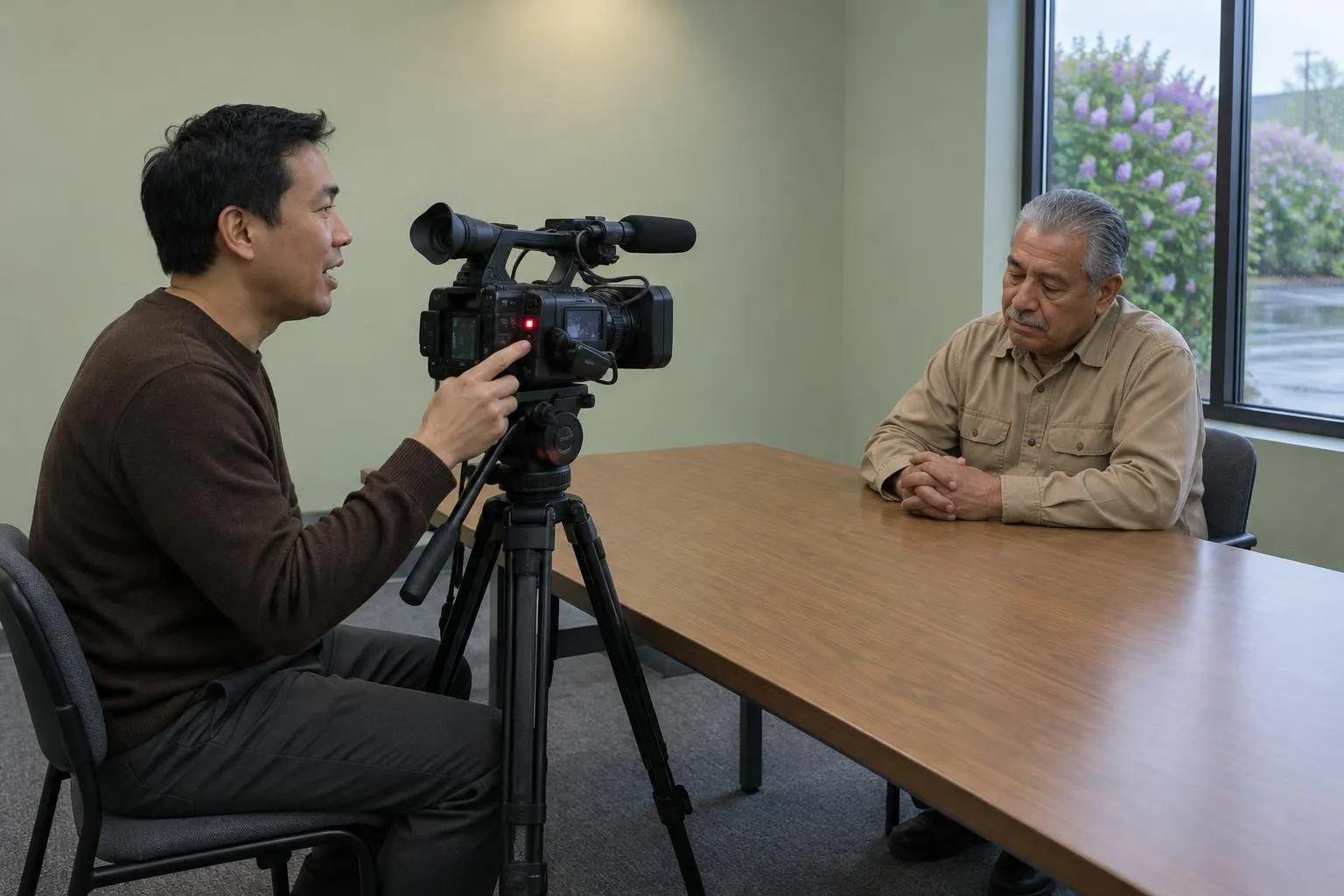 A videographer speaks beside a lit camera at the start of a deposition while a witness listens across the table.